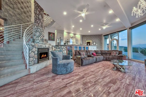 Fireplace, Interior, Kitchen, Living room, Recessed Lighting, Stone Walls