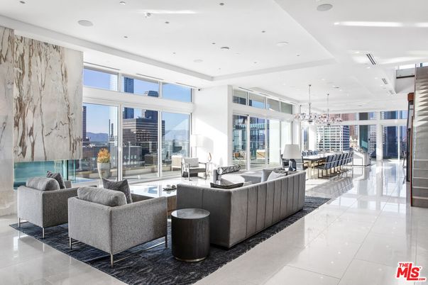 Dining room, Fireplace, Interior, Living room, Marble Walls, Pendant Lights, Recessed Lighting