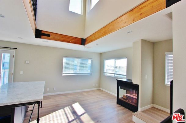 Fireplace, Interior, Recessed Lighting, Wooden Beams, Wood Texture Flooring
