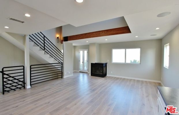 Empty room, Fireplace, Interior, Recessed Lighting, Wooden Beams, Wood Texture Flooring