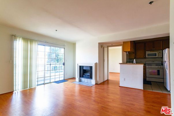 Empty room, Fireplace, Interior, Kitchen, Wood Texture Flooring