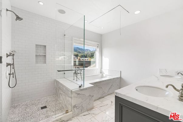 Bathroom, Dual Sink Vanities, Glass Shower, Interior, Marble, Recessed Lighting