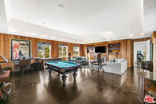 Billiard Table, Game Room, Interior, Living room, Piano, Recessed Lighting, Wood Texture Flooring, Wooden Walls