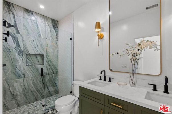 Bathroom, Dual Sink Vanities, Glass Shower, Interior, Marble Walls, Recessed Lighting