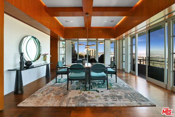 Dining room, Interior, Pendant Lights, Recessed Lighting, Wooden Beams, Wood Texture Flooring