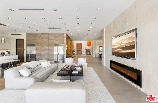 Fireplace, Interior, Kitchen, Living room, Pendant Lights, Recessed Lighting, Stainless Steel Appliances, Wood Texture Flooring