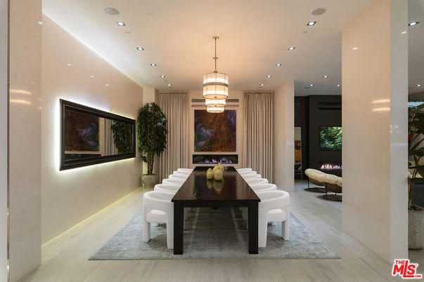 Fireplace, Interior, Pendant Lights, Recessed Lighting, Wood Texture Flooring