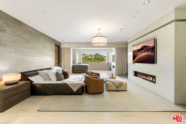 Bedroom, Fireplace, Interior, Living room, Pendant Lights, Recessed Lighting, Wood Texture Flooring