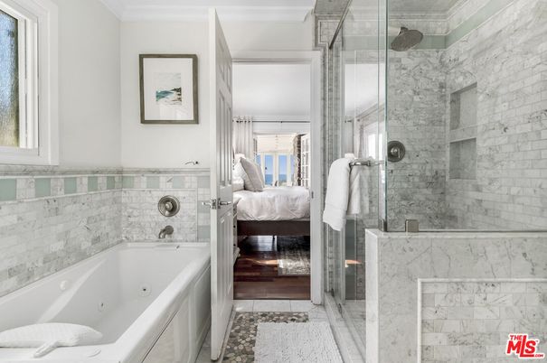 Bathroom, Bedroom, Glass Shower, Interior, Marble, Marble Walls, Wood Texture Flooring