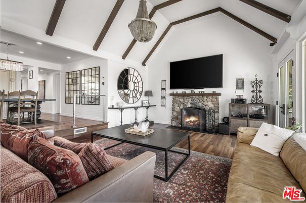 Dining room, Fireplace, Interior, Living room, Pendant Lights, Recessed Lighting, Wooden Beams, Wood Texture Flooring