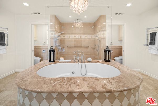 Bathroom, Chandelier, Glass Shower, Interior, Recessed Lighting