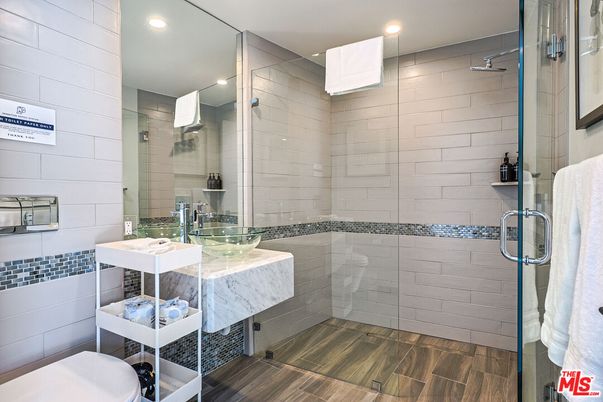 Bathroom, Glass Shower, Interior, Recessed Lighting, Wood Texture Flooring