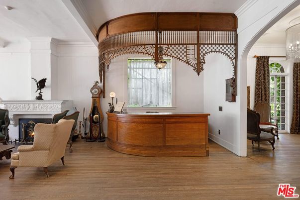 Chandelier, Fireplace, Home Office, Interior, Wood Texture Flooring