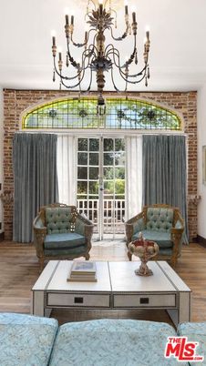 Chandelier, Interior, Living room, Stone Walls, Wood Texture Flooring