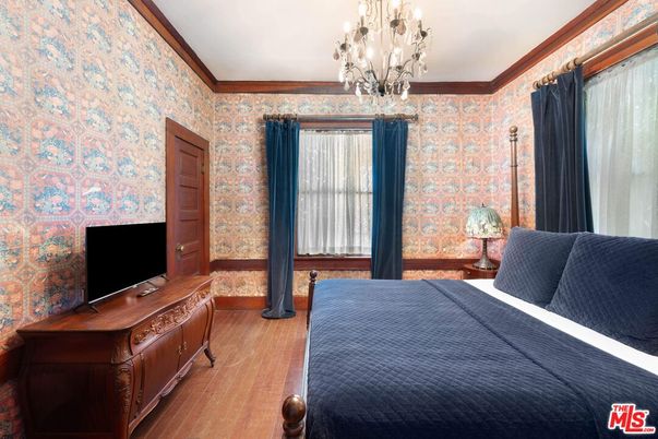 Bedroom, Chandelier, Interior, Wood Texture Flooring