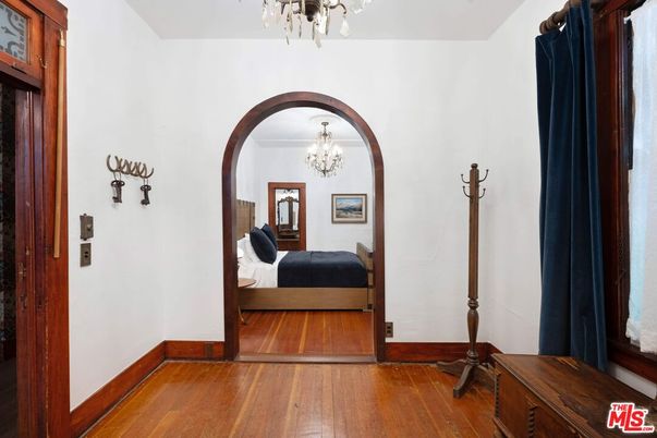 Bedroom, Chandelier, Interior, Wood Texture Flooring