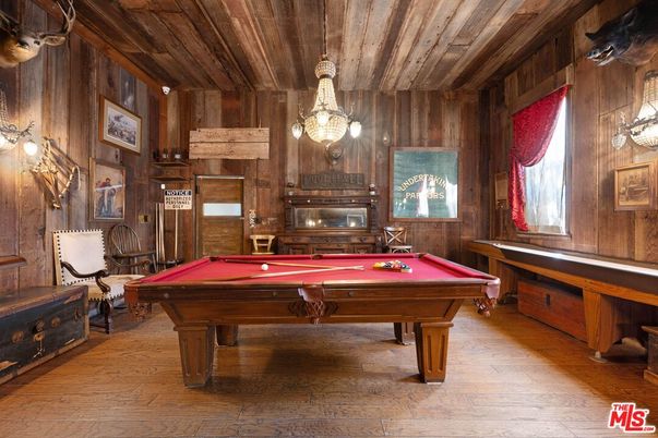 Billiard Table, Fireplace, Game Room, Interior, Pendant Lights, Wooden Ceilings, Wood Texture Flooring, Wooden Walls