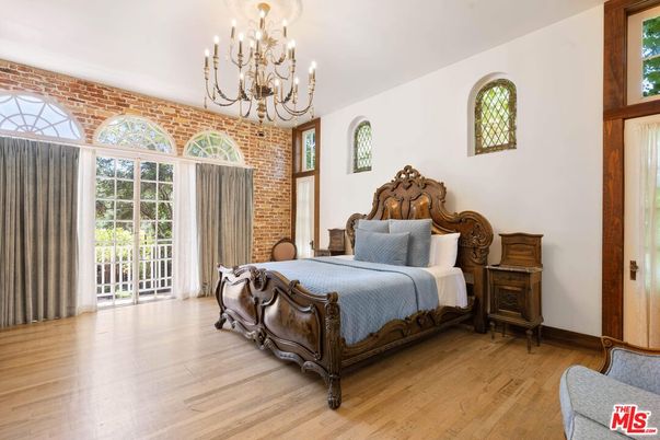 Bedroom, Chandelier, Interior, Stone Walls, Wood Texture Flooring