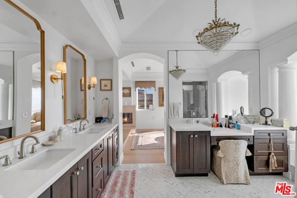 Bathroom, Dual Sink Vanities, Fireplace, Interior, Pendant Lights, Wood Texture Flooring