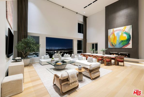 Dining room, Fireplace, Interior, Living room, Recessed Lighting, Wood Texture Flooring