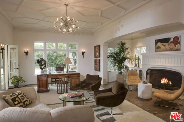Fireplace, Home Office, Interior, Living room, Pendant Lights, Recessed Lighting, Wood Texture Flooring