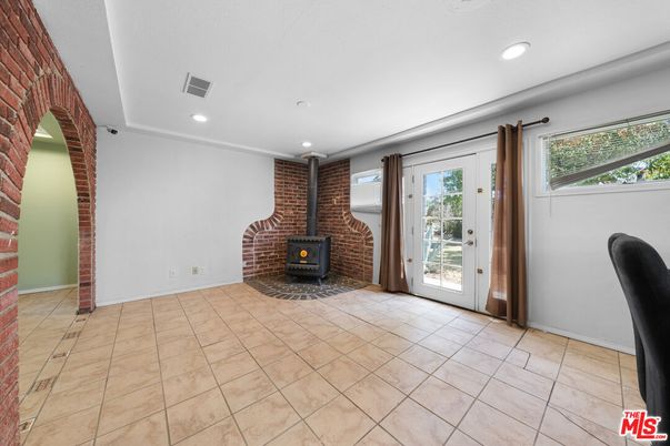 Empty room, Fireplace, Interior, Recessed Lighting, Stone Walls