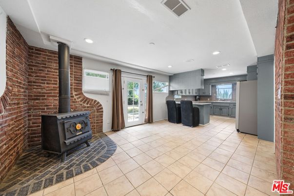 Fireplace, Interior, Kitchen, Recessed Lighting, Stone Walls