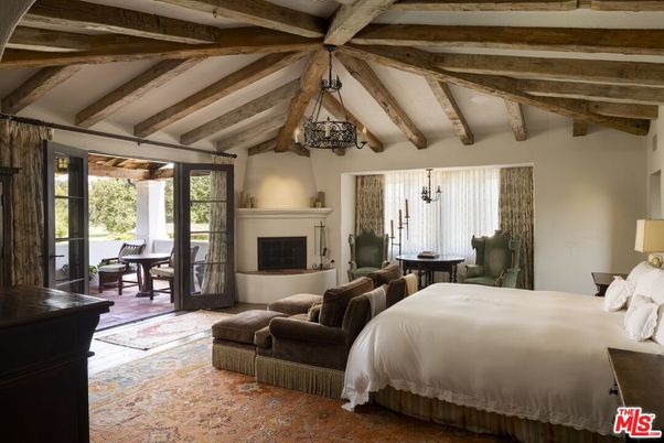 Bedroom, Fireplace, Interior, Pendant Lights, Wooden Beams