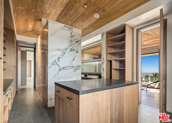 Interior, Kitchen, Marble Walls, Recessed Lighting, Wooden Ceilings, Wood Texture Flooring