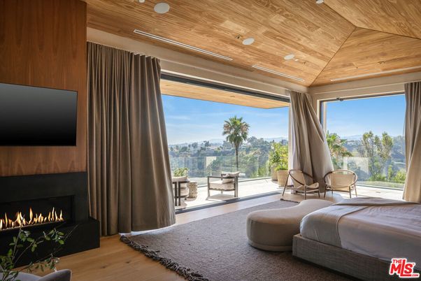 Bedroom, Fireplace, Interior, Recessed Lighting, Wooden Ceilings, Wood Texture Flooring