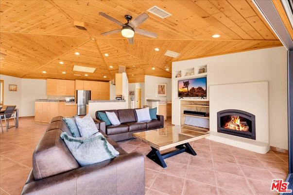 Fireplace, Interior, Kitchen, Living room, Recessed Lighting, Stainless Steel Appliances, Wooden Ceilings