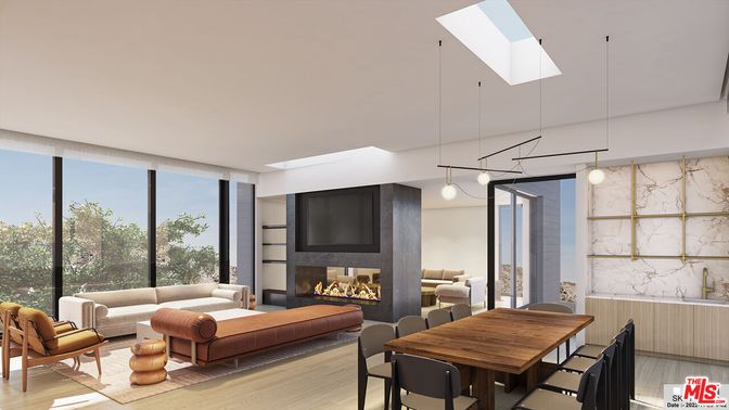 Dining room, Fireplace, Interior, Living room, Marble Walls, Pendant Lights, Wood Texture Flooring