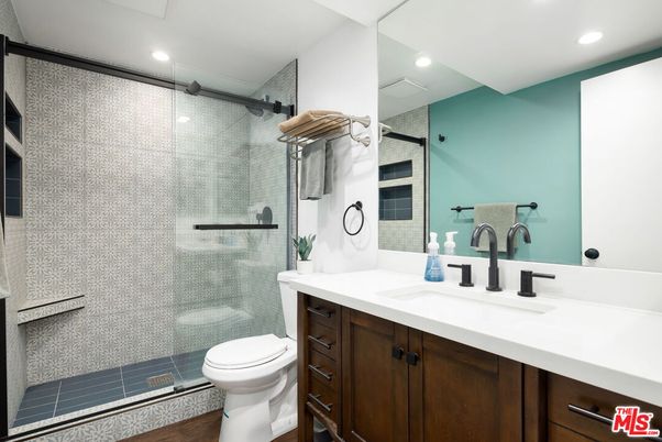 Bathroom, Glass Shower, Interior, Recessed Lighting, Wood Texture Flooring