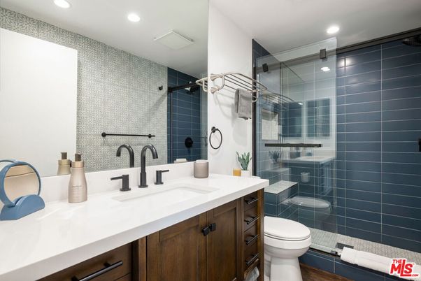 Bathroom, Glass Shower, Interior, Recessed Lighting, Wood Texture Flooring