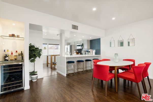 Dining room, Interior, Kitchen, Recessed Lighting, Stainless Steel Appliances, Wood Texture Flooring