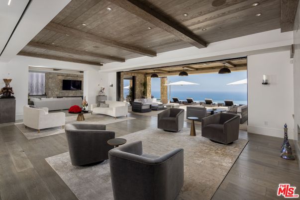 Interior, Living room, Recessed Lighting, Stone Walls, Water, Wooden Beams, Wooden Ceilings, Wood Texture Flooring