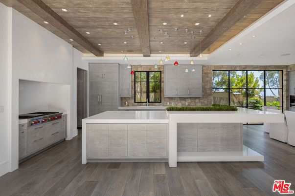 Interior, Kitchen, Pendant Lights, Recessed Lighting, Stainless Steel Appliances, Stone Walls, Wooden Beams, Wooden Ceilings, Wood Texture Flooring
