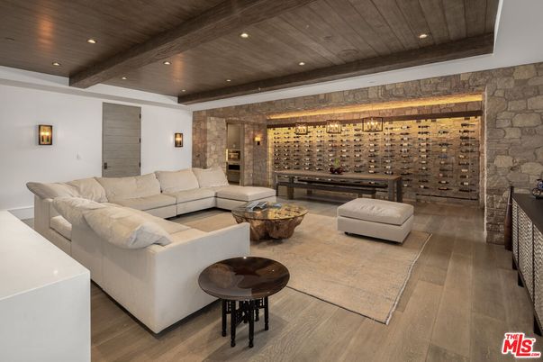Interior, Living room, Recessed Lighting, Stone Walls, Wine Storage, Wooden Beams, Wooden Ceilings, Wood Texture Flooring