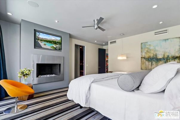 Bedroom, Fireplace, Interior, Pendant Lights, Recessed Lighting