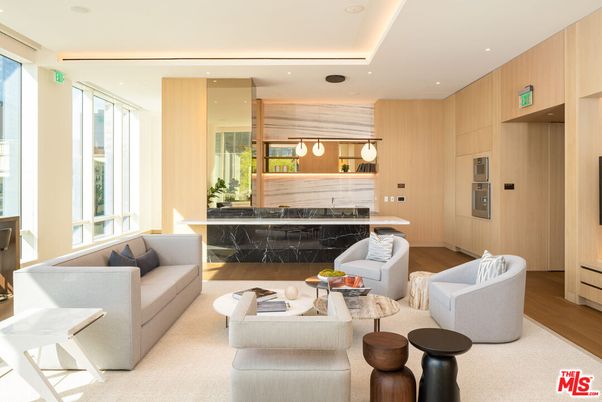 Interior, Kitchen, Living room, Marble Walls, Pendant Lights, Recessed Lighting, Wood Texture Flooring