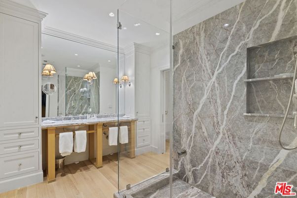 Bathroom, Glass Shower, Interior, Recessed Lighting, Wood Texture Flooring