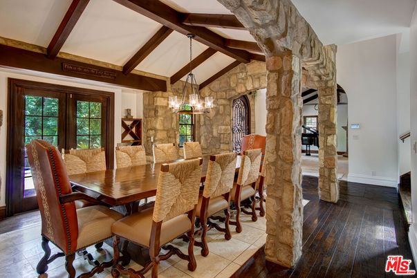 Dining room, Interior, Pendant Lights, Stone Walls, Wooden Beams, Wood Texture Flooring