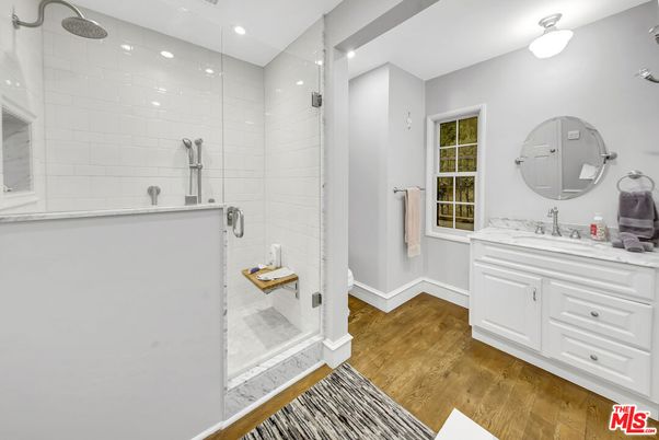 Bathroom, Glass Shower, Interior, Recessed Lighting, Wood Texture Flooring