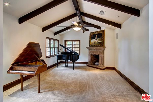 Fireplace, Interior, Piano, Recessed Lighting, Wooden Beams