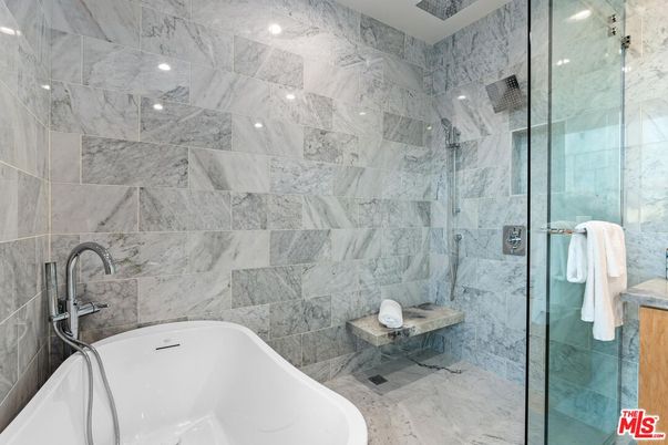 Bathroom, Free Standing Baths, Glass Shower, Interior, Marble Walls, Recessed Lighting
