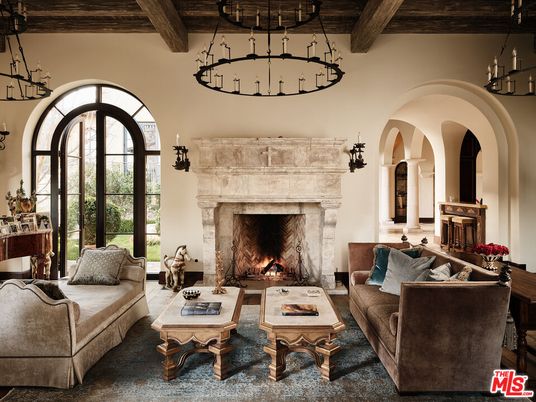 Chandelier, Fireplace, Interior, Living room, Pendant Lights, Wooden Beams, Wooden Ceilings
