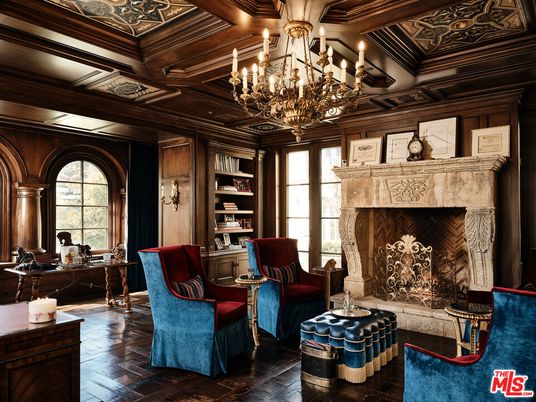 Chandelier, Fireplace, Home Office, Interior, Living room, Wooden Beams, Wooden Ceilings, Wood Texture Flooring, Wooden Walls