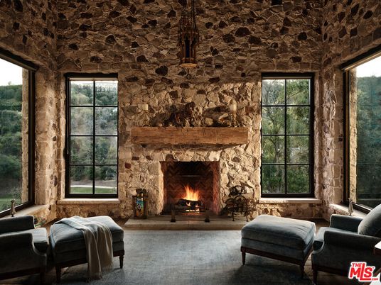 Fireplace, Interior, Pendant Lights, Stone Walls