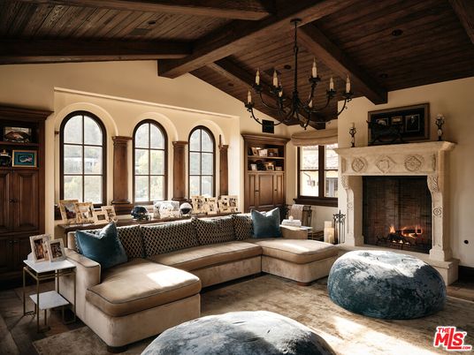 Chandelier, Fireplace, Interior, Living room, Wooden Beams, Wooden Ceilings, Wood Texture Flooring