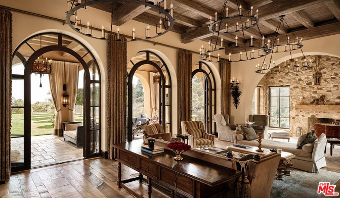 Chandelier, Fireplace, Interior, Living room, Pendant Lights, Stone Walls, Wooden Beams, Wooden Ceilings, Wood Texture Flooring